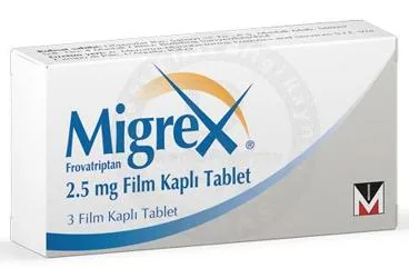 Frovatriptan içeren film kaplı tablet: MIGREX 2,5 MG 3 FILM TABLET kutusu. Üretici: MENARİNİ İLAÇ SANAYİ VE TİCARET A.Ş.