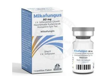 Mikafungin içeren çözelti: MIKAFUNGUS 50 MG I.V. INFUZYONLUK COZELTI HAZIRLAMAK ICIN TOZ 1 FLAKON ambalajı. Üretici: POLİFARMA İLAÇ SAN. VE TİC. A.Ş.