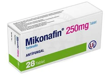 Terbinafin içeren tablet: MIKONAFIN 250 MG 28 TABLET kutusu. Üretici: UMUT İLAÇ TİC. VE SAN. LTD. ŞTİ.