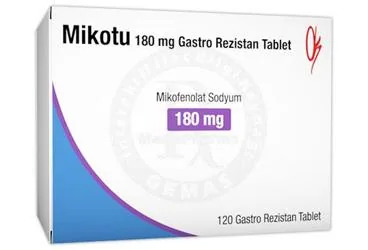 MIKOTU 180 MG GASTRO REZISTAN TABLET (120 TABLET) ürün ambalajı. Mikofenolat içeren tablet. Üretici: KOÇSEL İLAÇ SANAYİ VE TİCARET ANONİM ŞİRKETİ.