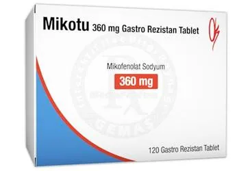 MIKOTU 360 MG GASTRO REZISTAN TABLET (120 TABLET) ürün ambalajı, tablet formunda mikofenolat içerir. Üretici: KOÇSEL İLAÇ SANAYİ VE TİCARET ANONİM ŞİRKETİ.