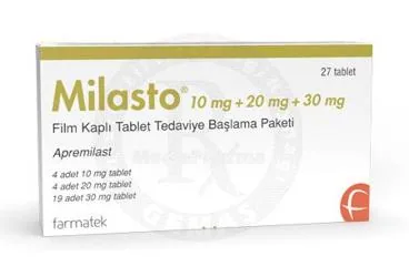 MILASTO 10 MG + 20 MG + 30 MG FILM KAPLI TABLET TEDAVIYE BASLAMA PAKETI (4+4+19) kutu fotoğrafı, film kaplı tablet formunda apremilast içerir. Üretici: FARMA-TEK İLAÇ SANAYİ VE TİCARET A.Ş.