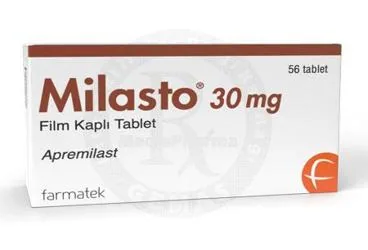 MILASTO 30 MG FILM KAPLl TABLET (56 TABLET) kutusu, tablet formunda apremilast içerir. Üretici: FARMA-TEK İLAÇ SANAYİ VE TİCARET A.Ş.