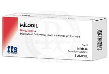 MILODIL 10 MG/10 ML I.V. ENJEKSIYONLUK/INFUZYONLUK COZELTI HAZIRLAMAK ICIN KONSANTRE kutu fotoğrafı. Milrinon içeren çözelti. Üretici: TURKTIPSAN SAĞLIK TURİZM EĞİTİM VE TİCARET A.Ş.