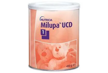 MILUPA UCD 1 450 G ürün ambalajı. Etkin maddesi protein+karbonhidrat+yag+vit+mineral+eser element. Üretici: NUMIL GIDA ÜRÜNLERİ SANAYİ VE TİCARET A.Ş.