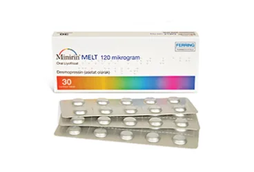 Desmopressin içeren tablet: MINIRIN MELT 120 MCG ORAL LİYOFİLİZAT 30 TABLET kutusu. Üretici: FERRİNG İLAÇ SANAYİ VE TİCARET LTD. ŞTİ.