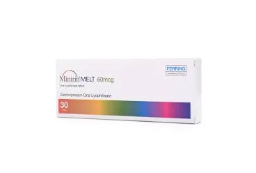MINIRIN MELT 60 MCG ORAL LİYOFİLİZAT 30 TABLET ambalajı. Desmopressin içeren tablet. Üretici: FERRİNG İLAÇ SANAYİ VE TİCARET LTD. ŞTİ.