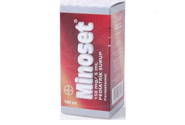 MINOSET 150MG/5 ML 100 ML PEDIATRIK SURUP kutusu, şurup formunda parasetamol içerir. Üretici: BAYER TÜRK KİMYA SAN. LTD. ŞTİ.