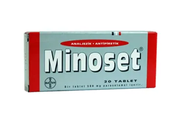 MINOSET 500 MG 20 TABLET ürün ambalajı, tablet formunda parasetamol içerir. Üretici: BAYER TÜRK KİMYA SAN. LTD. ŞTİ.