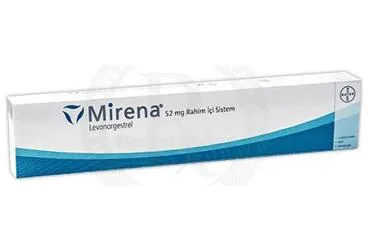 MIRENA RAHİM İÇİ SİSTEM ürün ambalajı. Etkin maddesi levonorgestrel -rahim içi. Üretici: BAYER TÜRK KİMYA SAN. LTD. ŞTİ.