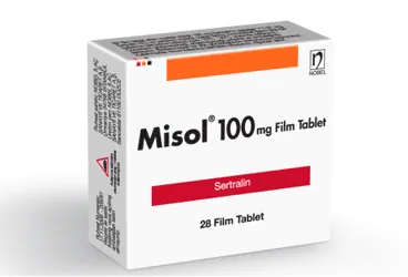 MISOL 100 MG 28 FİLM TABLET kutu fotoğrafı. Sertralin içeren film kaplı tablet. Üretici: NOBEL İLAÇ SAN. VE TİC. A.Ş.