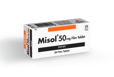 MISOL 50 MG 28 FİLM TABLET kutusu. Sertralin içeren film kaplı tablet. Üretici: NOBEL İLAÇ SAN. VE TİC. A.Ş.