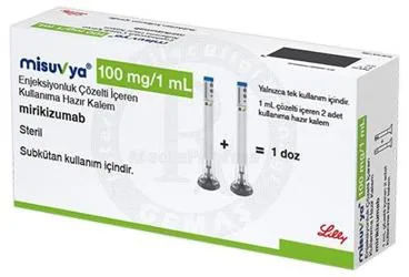 MISUVYA 100 MG/1 ML ENJEKSIYONLUK COZELTI ICEREN KULLANIMA HAZIR KALEM, 2 ADET ambalajı. Mirikizumab içeren çözelti. Üretici: LİLLY İLAÇ TİCARET LİMİTED ŞİRKETİ.