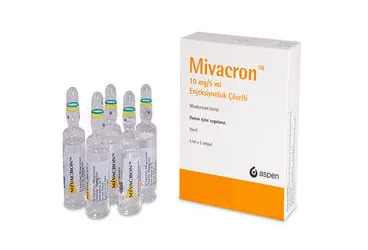MIVACRON 10 MG/5 ML ENJEKSIYONLUK COZELTI kutusu, çözelti formunda mivakuryum içerir. Üretici: VLD DANIŞMANLIK TIBBİ ÜRÜNLER VE TANITIM HİZMETLERİ A. Ş.