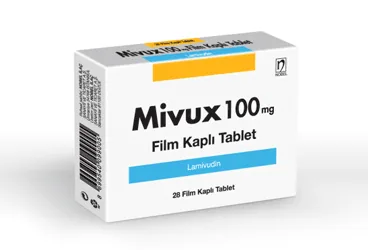 Lamivudin içeren film kaplı tablet: MIVUX 100 MG 28 FİLM TABLET ambalajı. Üretici: NOBEL İLAÇ SAN. VE TİC. A.Ş.