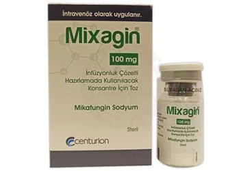 MIXAGIN 100 MG INFUZYONLUK COZELTI HAZIRLAMADA KULLANILACAK KONSANTRE ICIN TOZ (1 FLAKON) (mikafungin) ürün ambalajı, çözelti. Üretici: CENTURİON İLAÇ SANAYİ VE TİCARET ANONİM ŞİRKETİ.