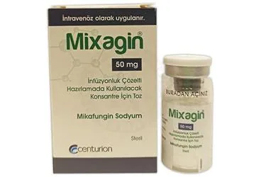 Mikafungin içeren çözelti: MIXAGIN 50 MG INFUZYONLUK COZELTI HAZIRLAMADA KULLANILACAK KONSANTRE ICIN TOZ ürün ambalajı. Üretici: CENTURİON İLAÇ SANAYİ VE TİCARET ANONİM ŞİRKETİ.