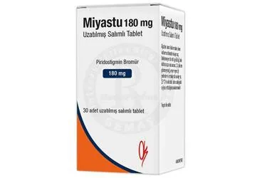 Piridostigmin bromür içeren tablet: MIYASTU 180 MG UZATILMIS SALIMLI TABLET kutusu. Üretici: KOÇSEL İLAÇ SANAYİ VE TİCARET ANONİM ŞİRKETİ.