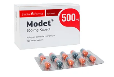 Dobesilat kalsiyum içeren kapsül: MODET 500 MG 60 KAPSUL kutusu. Üretici: SANTA FARMA İLAÇ SAN. A.Ş.