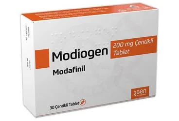 MODIOGEN 200 MG CENTIKLI TABLET (30 CENTIKLI TABLET) ambalajı. Modafinil içeren tablet. Üretici: GEN İLAÇ VE SAĞLIK ÜRÜNLERİ SAN.VE TİC. A.Ş.