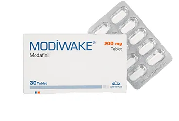 MODIWAKE 200 MG 30 TABLET ürün ambalajı. Modafinil içeren tablet. Üretici: GENVEON İLAÇ SANAYİ VE TİCARET ANONİM ŞİRKETİ.