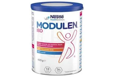 Beslenme solusyonu içeren MODULEN IBD 400 GR kutusu. Üretici: NESTLE TÜRKİYE GIDA SANAYİ ANONİM ŞİRKETİ.