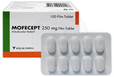 MOFECEPT 250 MG 100 FILM TABLET kutusu, film kaplı tablet formunda mikofenolat içerir. Üretici: KOÇAK FARMA İLAÇ VE KİMYA SANAYİ A.Ş.