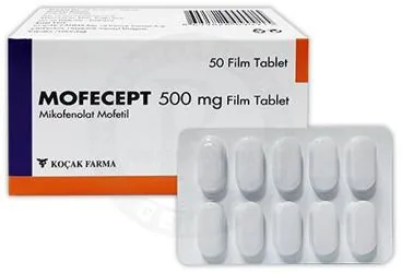 Mikofenolat içeren film kaplı tablet: MOFECEPT 500 MG 50 FILM TABLET ürün ambalajı. Üretici: KOÇAK FARMA İLAÇ VE KİMYA SANAYİ A.Ş.