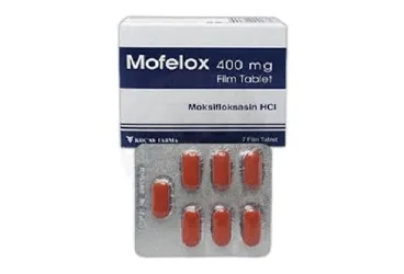 MOFELOX 400 MG 7 FILM TABLET ürün ambalajı. Moksifloksasin içeren film kaplı tablet. Üretici: KOÇAK FARMA İLAÇ VE KİMYA SANAYİ A.Ş.