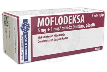 MOFLODEKSA 5 MG + 1 MG / ML GOZ DAMLASI,COZELTI ambalajı, göz damlası formunda moksifloksasin + deksametazon içerir. Üretici: WORLD MEDICINE İLAÇ SAN. VE TİC. A.Ş.