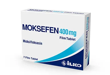 MOKSEFEN 400 MG 7 FILM TABLET (moksifloksasin) ambalajı, film kaplı tablet. Üretici: İLKO İLAÇ SAN. VE TİC. A.Ş.
