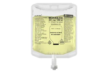 MOKSILOX 400 MG/250 ML IV INF. ICIN COZELTI (250 ML SETSIZ) (moksifloksasin) ürün ambalajı, çözelti. Üretici: POLİFARMA İLAÇ SAN. VE TİC. A.Ş.