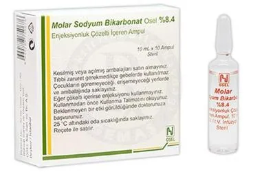 Sodyum bikarbonat içeren ampul: MOLAR SODYUM BIKAR. 10 ML 10 AMPUL kutusu. Üretici: OSEL İLAÇ SANAYİ VE TİCARET ANONİM ŞİRKETİ.