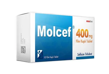MOLCEF 400 MG FILM KAPLI TABLET (10 FILM KAPLI TABLET) kutu fotoğrafı, film kaplı tablet formunda sefiksim içerir. Üretici: NEUTEC İLAÇ SANAYİ TİCARET ANONİM ŞİRKETİ.