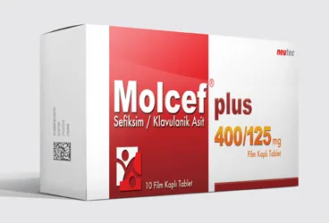 MOLCEF PLUS 400/125 MG 10 FILM KAPLI TABLET kutu fotoğrafı, film kaplı tablet formunda sefiksim + klavulanik asid içerir. Üretici: NEUTEC İLAÇ SANAYİ TİCARET ANONİM ŞİRKETİ.