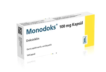 MONODOKS 100 MG 14 KAPSUL ürün ambalajı. Doksisiklin hiklat içeren kapsül. Üretici: DEVA HOLDİNG ANONİM ŞİRKETİ.