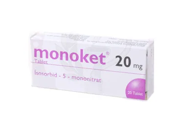 Isosorbid-5-mononitrat içeren tablet: MONOKET 20 MG 20 TABLET ambalajı. Üretici: ADEKA İLAÇ SANAYİ VE TİCARET A.Ş.