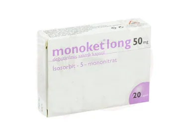 MONOKET LONG 50 MG DEGISTIRILMIS SALIMLI SERT KAPSÜL (20 KAPSUL) (isosorbid-5-mononitrat) ürün ambalajı, kapsül. Üretici: ADEKA İLAÇ SANAYİ VE TİCARET A.Ş.