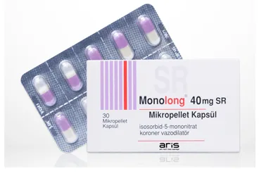 MONOLONG 40 MG MIKROPELLET KAPSUL ürün ambalajı, kapsül formunda isosorbid-5-mononitrat içerir. Üretici: ALİ RAİF İLAÇ SANAYİ A.Ş.