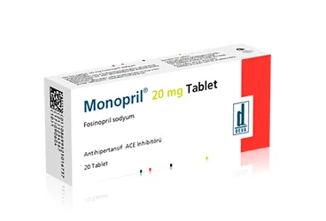 MONOPRIL 20 MG 20 TABLET ürün ambalajı, tablet formunda fosinopril içerir. Üretici: DEVA HOLDİNG A.Ş.