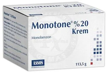 MONOTONE %20 KREM ürün ambalajı, krem formunda monobenzon içerir. Üretici: ASSOS İLAÇ KİMYA GIDA ÜRÜNLERİ ÜRETİM VE TİC. A.Ş.