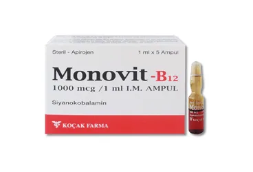 MONOVIT B12 1000 MCG/1 ML IM 5 AMPUL kutu fotoğrafı, ampul formunda vitamin b12 içerir. Üretici: KOÇAK FARMA İLAÇ VE KİMYA SANAYİ A.Ş.