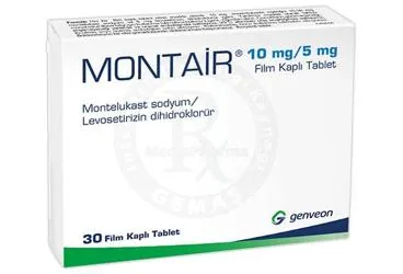 MONTAIR 10 MG/5 MG FILM KAPLI TABLET (30 TABLET) (levosetirizin + montelukast) ambalajı, film kaplı tablet. Üretici: GENVEON İLAÇ SANAYİ VE TİCARET ANONİM ŞİRKETİ.