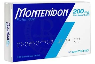 MONTENIDON 200 MG FILM KAPLI TABLET (252 FILM KAPLI TABLET) (pirfenidon) ürün ambalajı, film kaplı tablet. Üretici: MONTERO İLAÇ VE GIDA SANAYİ TİCARET ANONİM ŞİRKETİ.