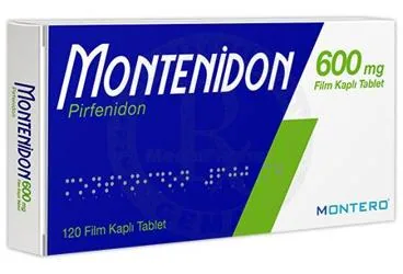 MONTENIDON 600 MG FILM KAPLI TABLET (120 FILM KAPLI TABLET) (pirfenidon) ürün ambalajı, film kaplı tablet. Üretici: MONTERO İLAÇ VE GIDA SANAYİ TİCARET ANONİM ŞİRKETİ.