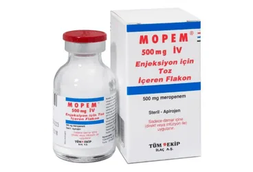 MOPEM 500 MG IV ENJEKTABL TOZ ICEREN 1 FLAKON (meropenem) ürün ambalajı, flakon. Üretici: TÜM - EKİP İLAÇ A.Ş.