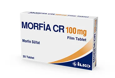 MORFIA CR 100 MG 20 FILM TABLET ürün ambalajı, film kaplı tablet formunda morfin içerir. Üretici: İLKO İLAÇ SAN. VE TİC. A.Ş.