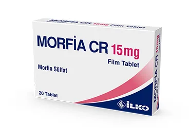 MORFIA CR 15 MG 20 FILM TABLET kutusu. Morfin içeren film kaplı tablet. Üretici: İLKO İLAÇ SAN. VE TİC. A.Ş.