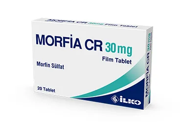 MORFIA CR 30 MG 20 FILM TABLET kutu fotoğrafı, film kaplı tablet formunda morfin içerir. Üretici: İLKO İLAÇ SAN. VE TİC. A.Ş.