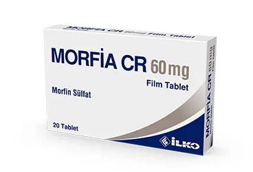 Morfin içeren film kaplı tablet: MORFIA CR 60 MG 20 FILM TABLET ambalajı. Üretici: İLKO İLAÇ SAN. VE TİC. A.Ş.